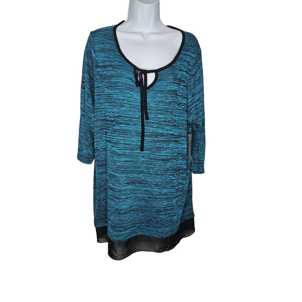 Catherines L'Attitude Tunic 0X 14/16W Teal Black Sheer Hem 3/4 Sleeve NWT‎